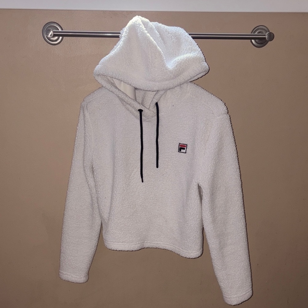 Fila White Sherpa Hoodie with Black Drawstrings and Logo Patch